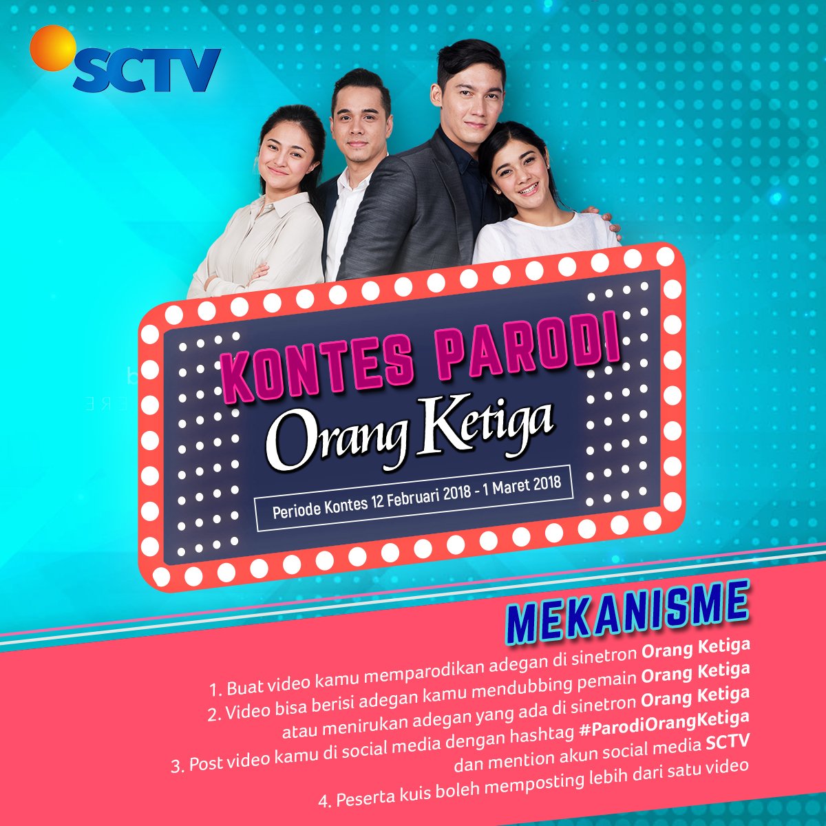 SCTV's tweet photo. Mana suranya yang sudah ikutan kontes #ParodiOrangKetiga?
Yang belum, buruan ikutan! Cek mekanismenya di poster ini~ https://t.co/7FZngjrmxb