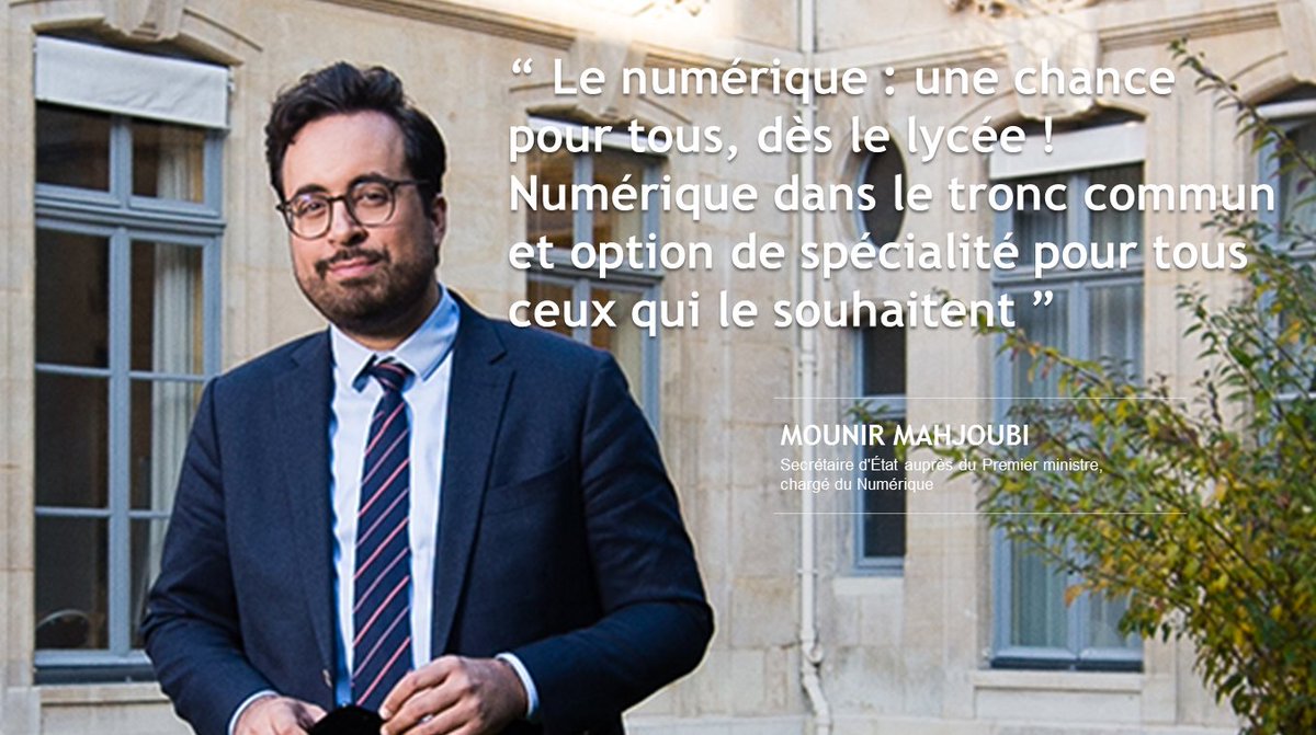 mounir's tweet photo. Le numérique : une chance pour tous, dès le lycée ! Numérique dans le tronc commun et option de spécialité pour tous ceux qui le souhaitent. 

Avec @jmblanquer nous construisons l'avenir, votre avenir !

#Bac2021 #HumanitesNumeriques #SciencesInformatiques https://t.co/gg3gUyUxJq