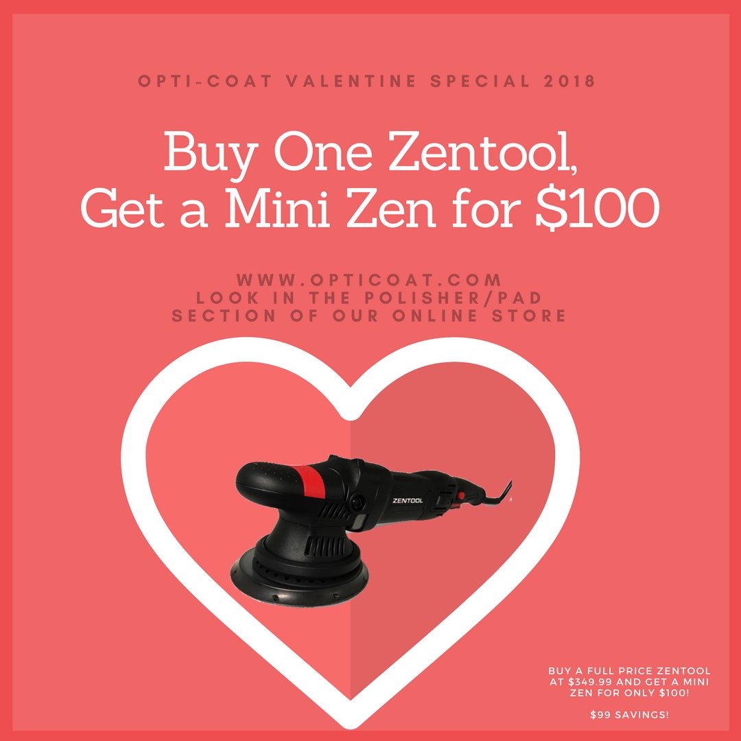 OptimumPolymer's tweet photo. It's a Valentine Special from OPT to you!  Buy a Zentool at full price, get a Mini Zen for only $100. #opt #optimumpolymertechnologies #zentool #zen #minizen #zen21e2 #zen12em #rotary #polisher #carcareproducts #detailers #detailing https://t.co/ydiHQnrbks