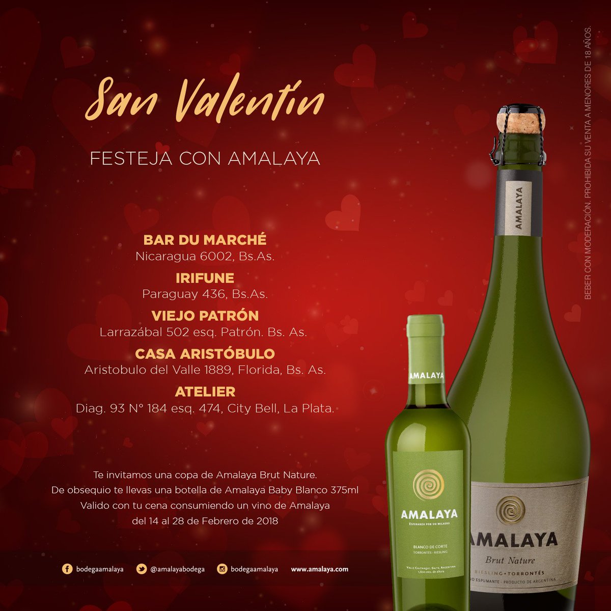 AmalayaBodega's tweet photo. Festeja #SanValentín junto a Amalaya #WineLovers #BuenosAires #BarDuMarche #IrifuneRestaurantJapones #ViejoPatronRestoGrill #CasaAristóbulo @ateliercocina ❤️🍾 https://t.co/3CX9evt1cF