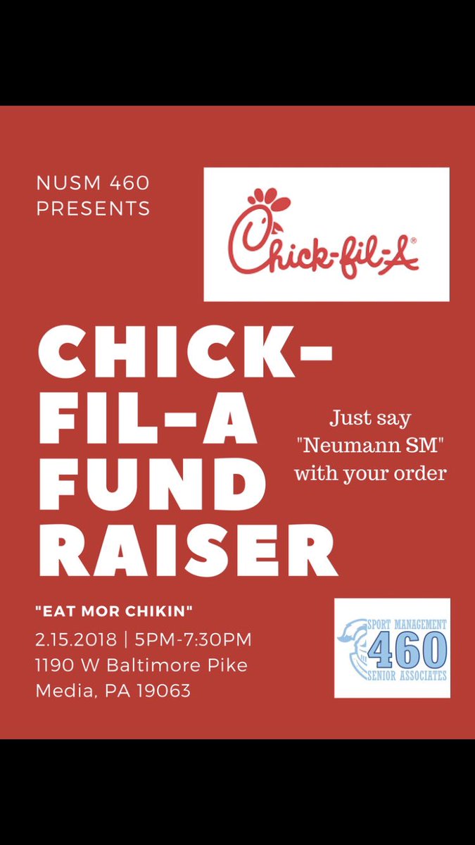 Upset that you can’t eat meat today? Make up for it tomorrow and come to chic-fil-a tomorrow from 5-730pm and support the Neumann University Sports Management Senior Seminar!