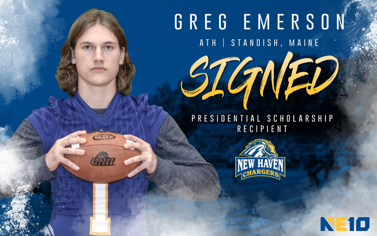 UNewHavenFB's tweet photo. Excited to officially welcome ATH @gregemerson00 to #ChargerNation who was awarded the Presidential Scholarship for his outstanding academic achievements!! #thisisNEWHAVEN #ChargeOn #1affects100 https://t.co/Qgh2SKTLqr