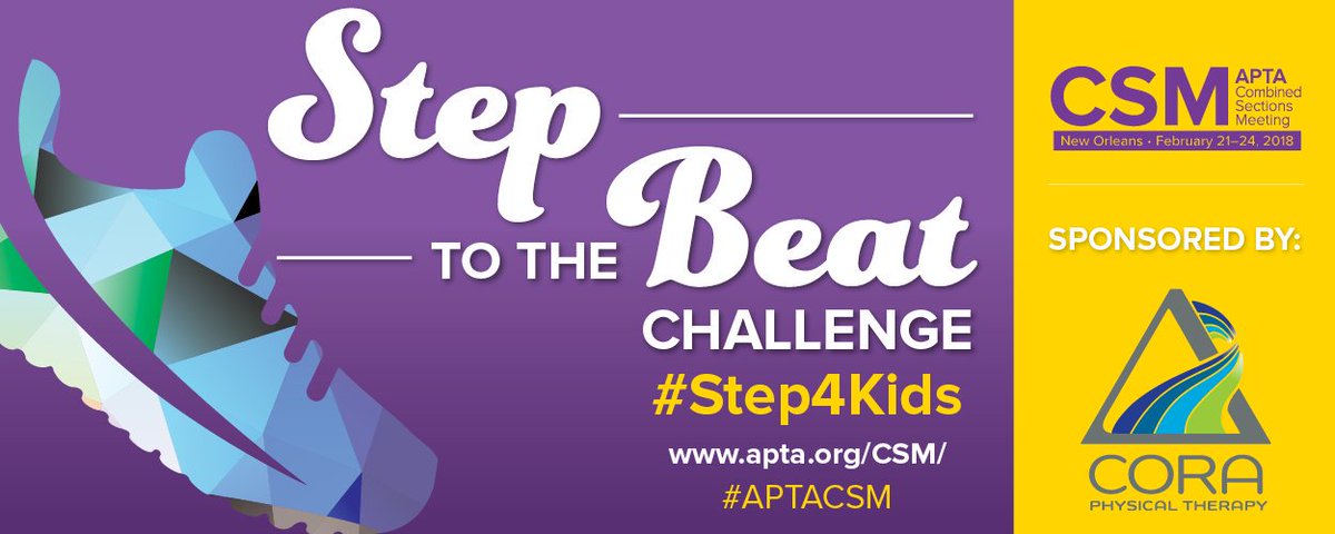 APTAcsm's tweet image. Step to the Beat Challenge — join your fellow attendees in a walking challenge. If we can walk 100 million steps over 3 days, APTA will donate $10,000 to Shoes4Kids charity! Step up, step out, and let's do this together! More details below.