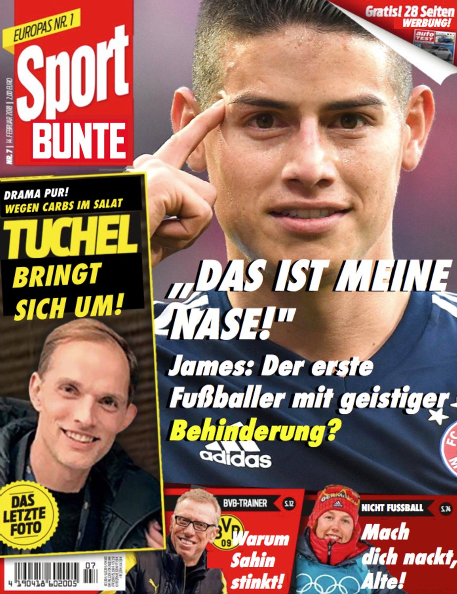 KlCKBAIT's tweet photo. Die neue Sport Bunte ist da!
@SPORTBILD @BUNTE
#Kickbait #FußballDarfAlles #Satire #SportBunte #FCB #FCBayern #James #Tuchel #BVB #Stöger #Olympia #Sahin https://t.co/Rs8Ed9jLAh