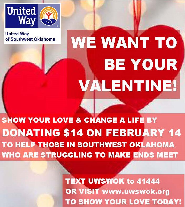 uwswok's tweet photo. Today is the DAY to show your LOVE for Southwest Oklahoma! Visit https://t.co/DkqdwBtMio or text UWSWOK 41444 to give $14 on February 14. #LOVEUNITED #UWSWOK https://t.co/HRikdHKJcQ