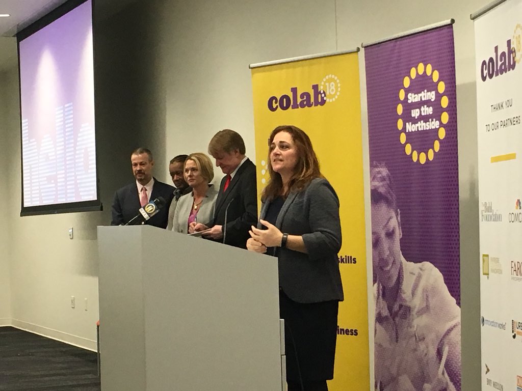 SunannaC's tweet photo. “#Pittsburgh is 5 years ahead of everyone else. We’re about the future.” -@ACE_Fitzgerald on #colab18. Standing room only at the grand opening! HUGE congrats to Amber &amp; everyone at @ONENorthside &amp; partners for making the #Northside even better. #inclusiveinnovation ⭐️ https://t.co/EZXSYYnX7l