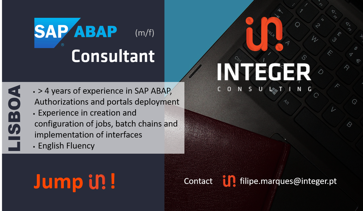 integer_consult's tweet photo. Hiring! SAP ABAP Consultant, Lisboa, JUMP IN! filipe.marques@integer.pt #integerconsulting #ITjob #Consultant #SAP #ABAP #ABAPSap #Lisboa https://t.co/BBCbqEiKin