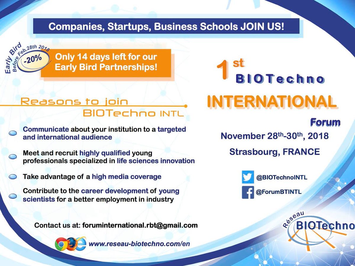 Successful #companies, innovative #Startups, specialised #business schools, join us now to benefit of our #EarlyBird #partnerships &amp; contribute to the creation of an international #biotech environement! #innovation #PhD #Careers #scientific #skills