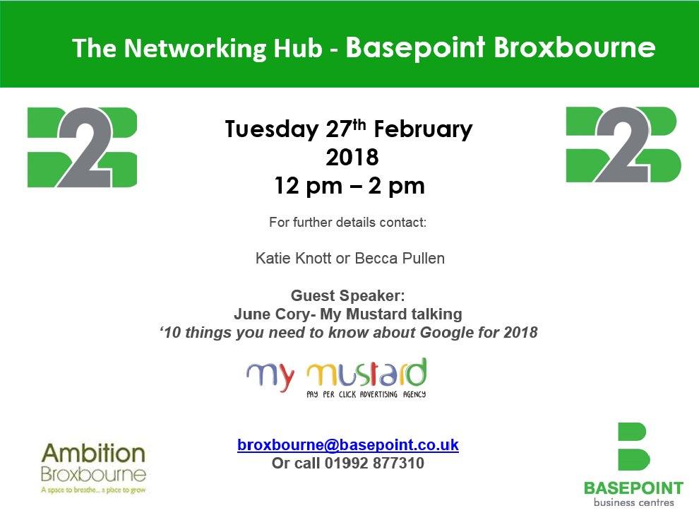 Basepoint_Brox's tweet image. Join us for our Networking Hub on 27th February with guest speaker June Cory @MyMustard #networking #SMEs