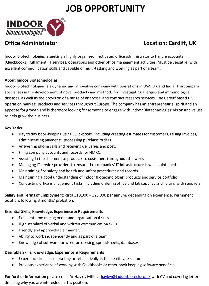 We're looking for someone to join our team as an Office Administrator. No scientific qualifications are required for this job. Please share with anyone who you think might be interested. Thanks.