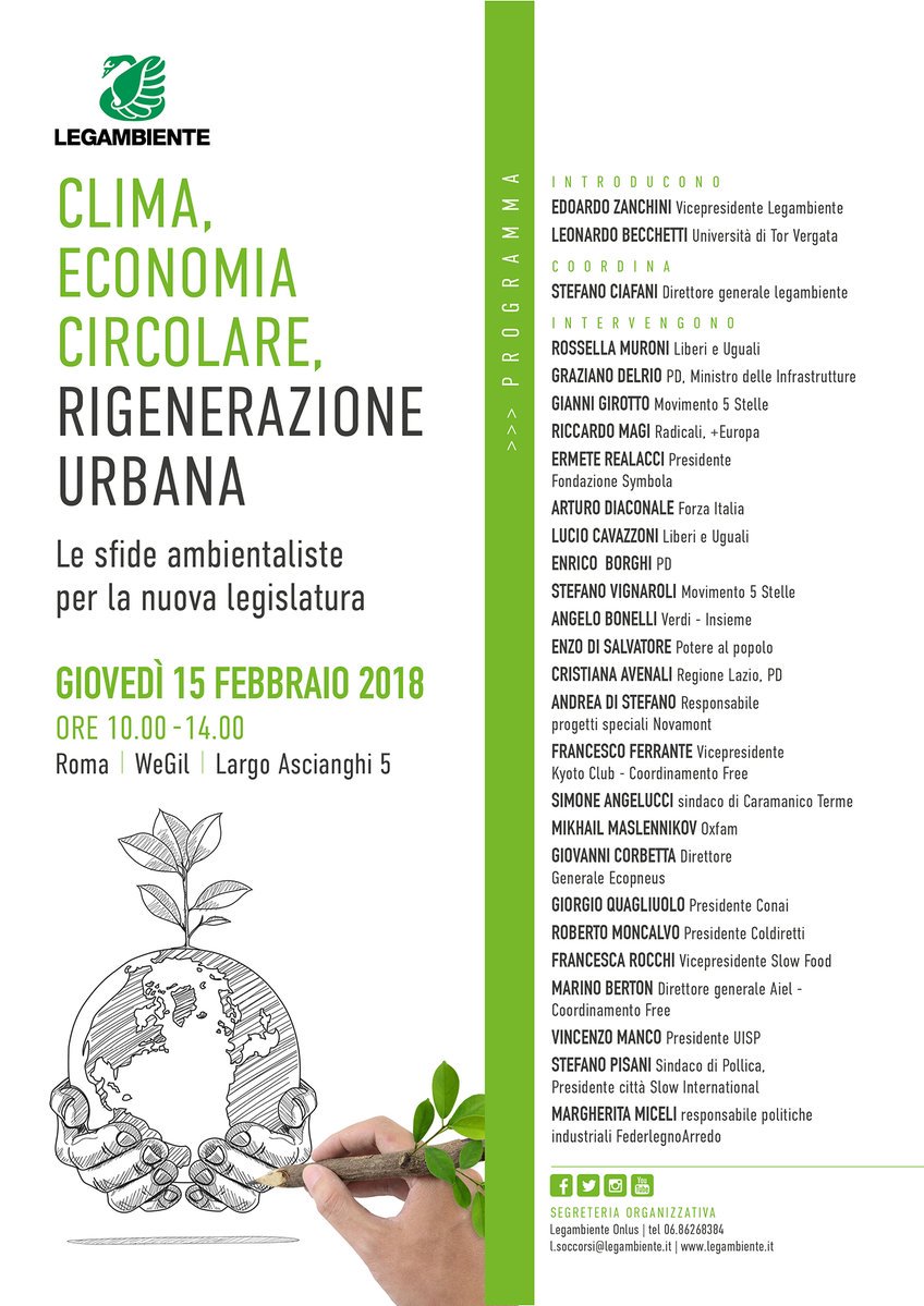 Giovedì 15, dalle 10, con @Legambiente  per parlare di #innovazione #greeneconomy #prevenzione #curadelterritorio lotta al #climatechange e #futuro 
#ItaliachefaItalia
