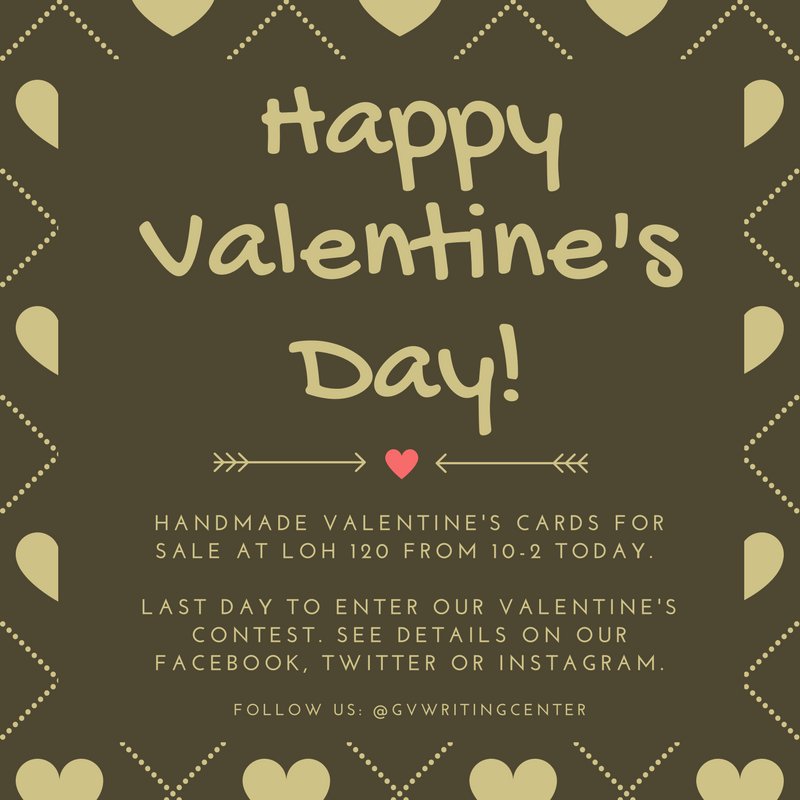 GVWritingCenter's tweet photo. Happy #ValentinesDay! Pick up a handmade card at LOH 120 from 10-2 today. And don’t forget to enter our contest before midnight tonight!
#Valentines #Valentine #LakerLove #FredMeijerWC #GVWC #GVWritingCenter #FMCFWAMALY #Lakers #GVSU https://t.co/ImsFZMfUVD
