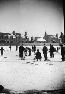 GeoparkShetland's tweet photo. With @pyeongchang2018 underway, here's an example of winter geo-leisure from Shetland. This photo from c. 1890 shows gentlemen curling in Gilbertson Park. The stones may not have been quarried here but the sandstone bedrock was to create a perfect pond for this winter pursuit. https://t.co/BPQrs5BAIA