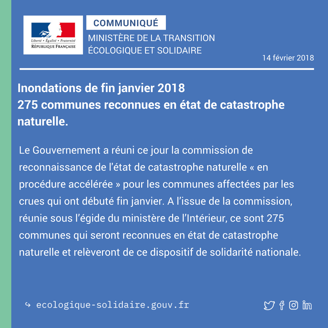 #Inondations de fin janvier 2018 : 
275 communes reconnues en état de catastrophe naturelle
👉 bit.ly/2HdtZzv