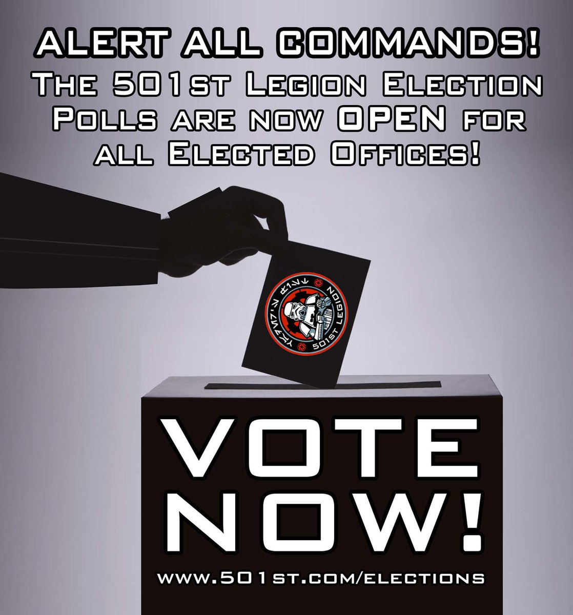 ATTENTION ALL #501st TROOPERS: Polls are now open for all elected offices in The 501st Legion. Please log in to the 501st Forums and let your voice be heard! bit.ly/2o3GQv3