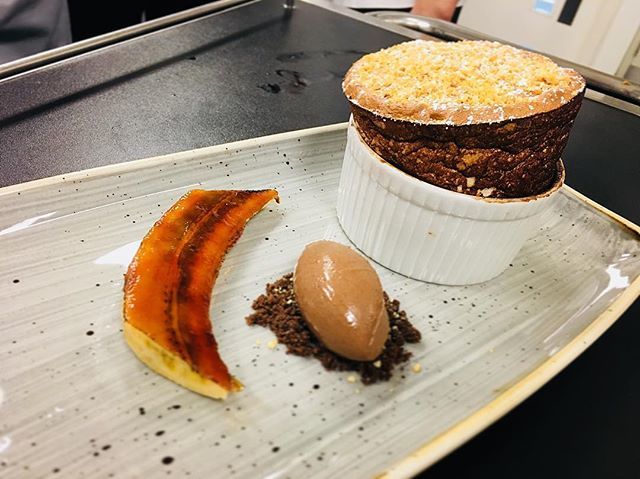 Banana rice pudding soufflé, chocolate peanut butter icecream. My take on a classic 
#chef #culinary #cheflife #cheftalk #chefsofinstagram #food #foodie #foodart #foodblog #foodporn #soufflé #amazing #dessert #foodphotographer #foodpics #chef #foodblog #foodblogger