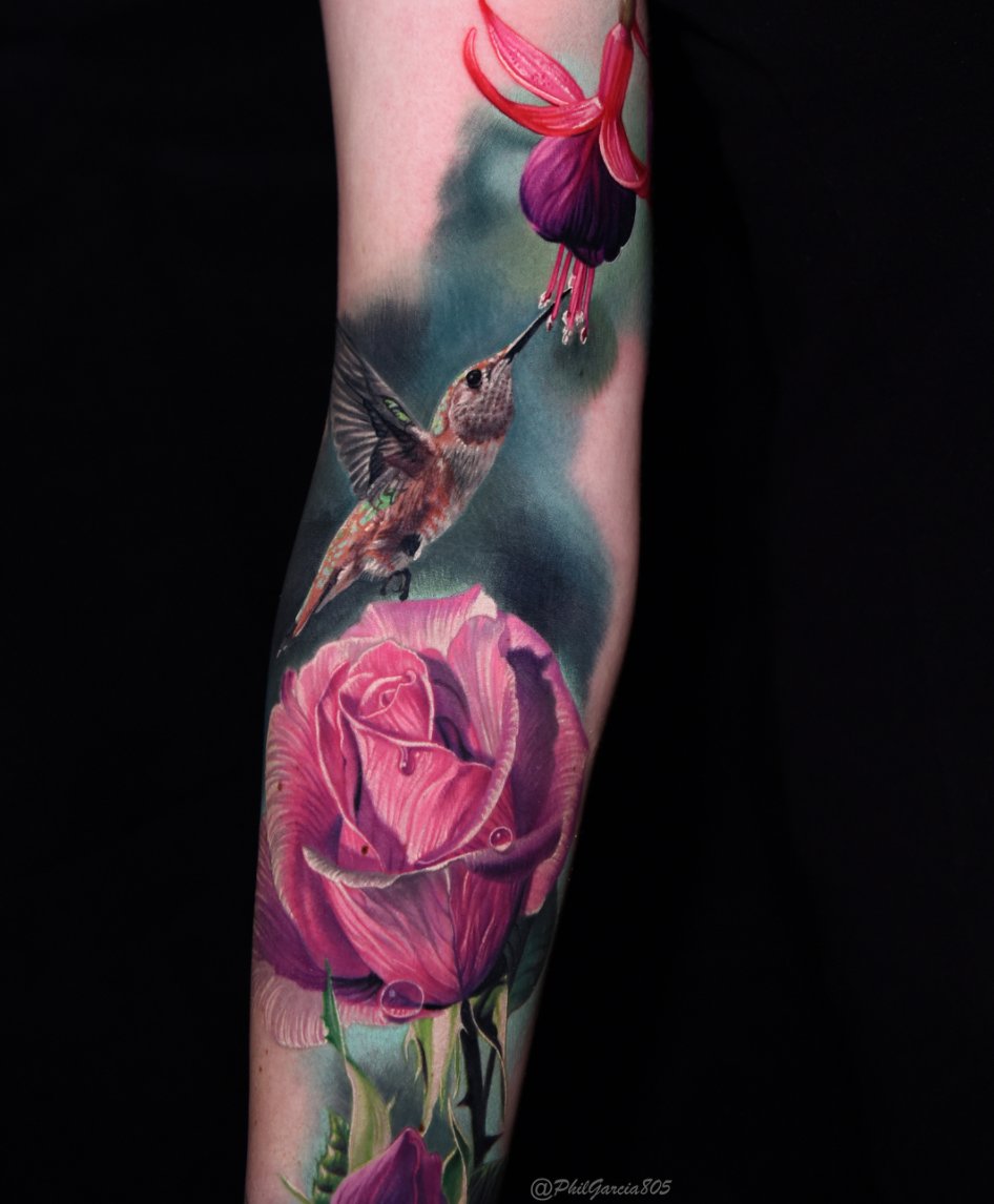 Sonia Rose Tattoos The Rose Tavern  Added some flowers to this existing  hummingbird bird piece hummingbirdsflowersfloraltattoohibiscusfushiablackandgreytattoosblackworktattooladytattooerssuffolktattoostattooartist   Facebook