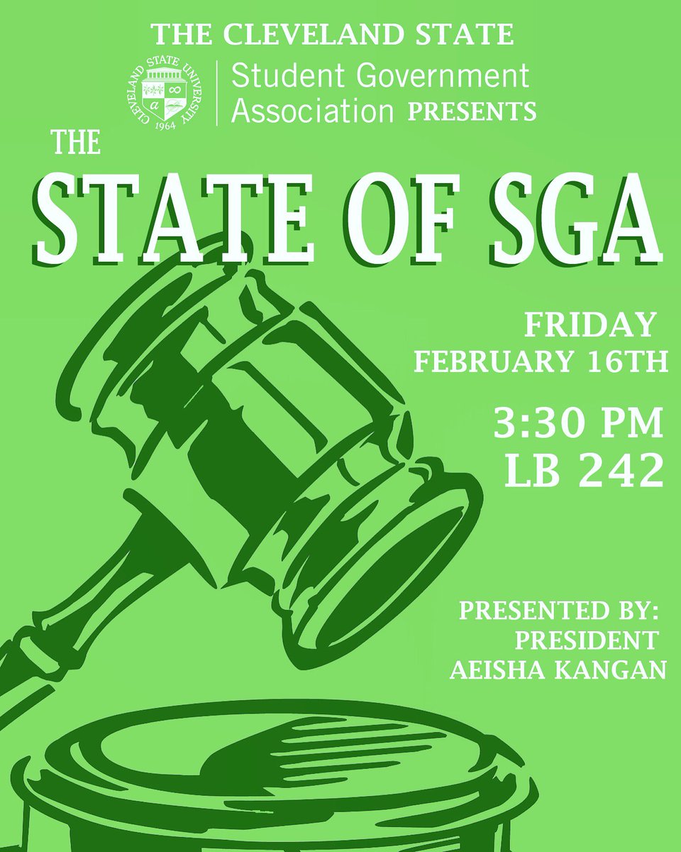 CLEstate_SGA's tweet photo. THIS FRIDAY! Come check out the State of YOUR Student Government. 3:30 in LB 242. 🏛 #asksga https://t.co/tvxgP8UcfZ
