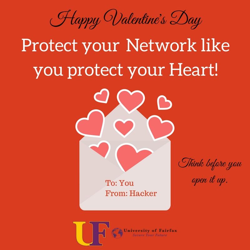 UnivOfFairfax's tweet photo. Happy Valentine's Day! #think #beforeopen #ITsecurity #love #valentinesday #protect https://t.co/i0fIxqjQwF