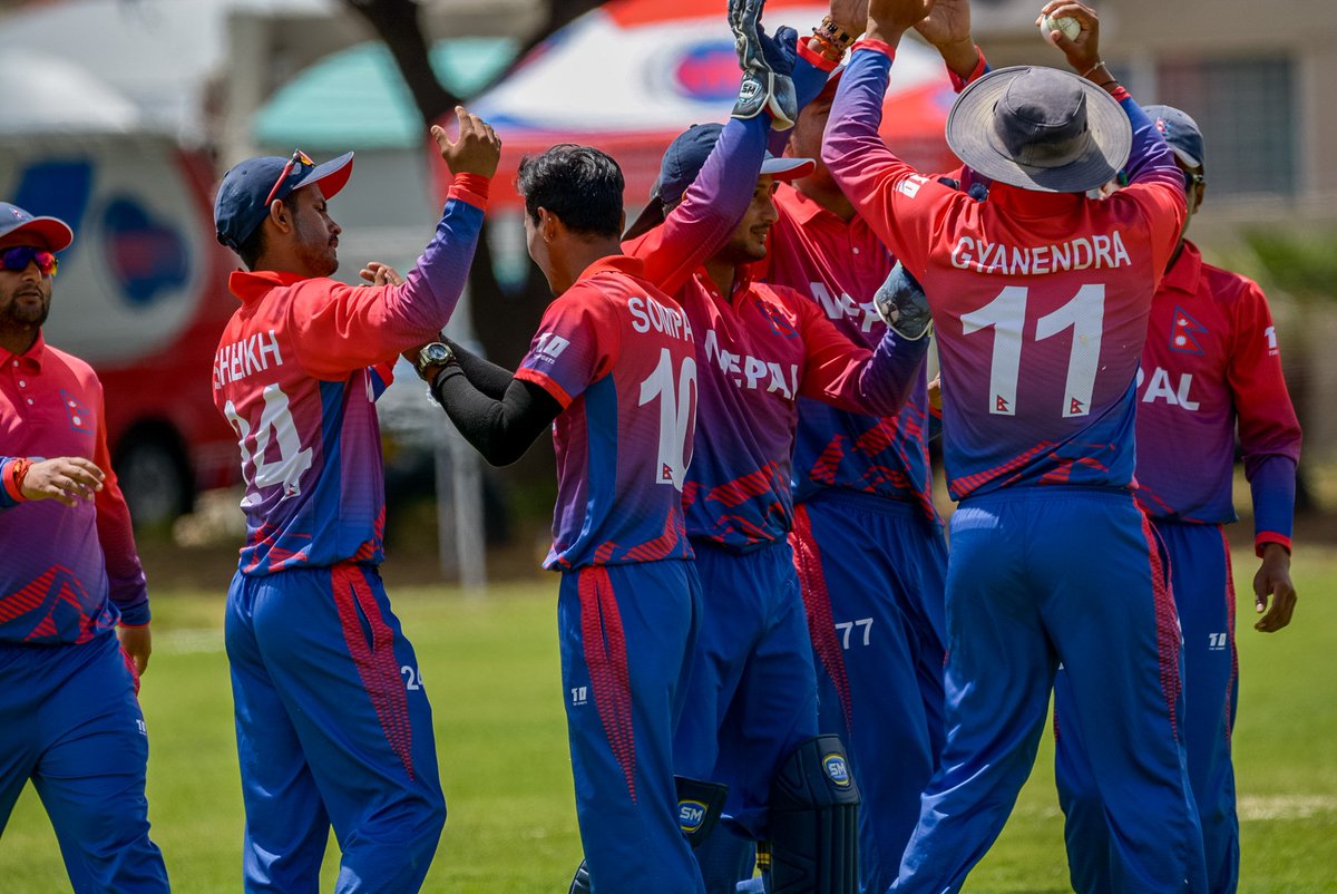 ICC's tweet image. WHAT A MATCH! Nepal book a spot at the @cricketworldcup qualifier! 🇳🇵

A stunning 51 run final wicket stand by @karankc33 and @IamSandeep25 gets Nepal to their target of 195 on the final ball for a thrilling one wicket victory over Canada at #WCL2! See you in Zimbabwe!