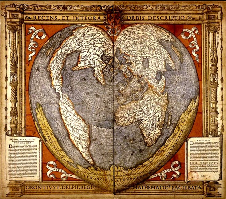 StanfordsTravel's tweet image. We couldn&apos;t let #ValentinesDay pass without showing some love for this 1536 cordiform (cor= heart in Latin) map of the world by the French mathematician &amp;amp; cartographer Oronce Fine. Distances are correct from 1 pole &amp;amp; also along all parallels &amp;amp; the central meridian #MapProjections