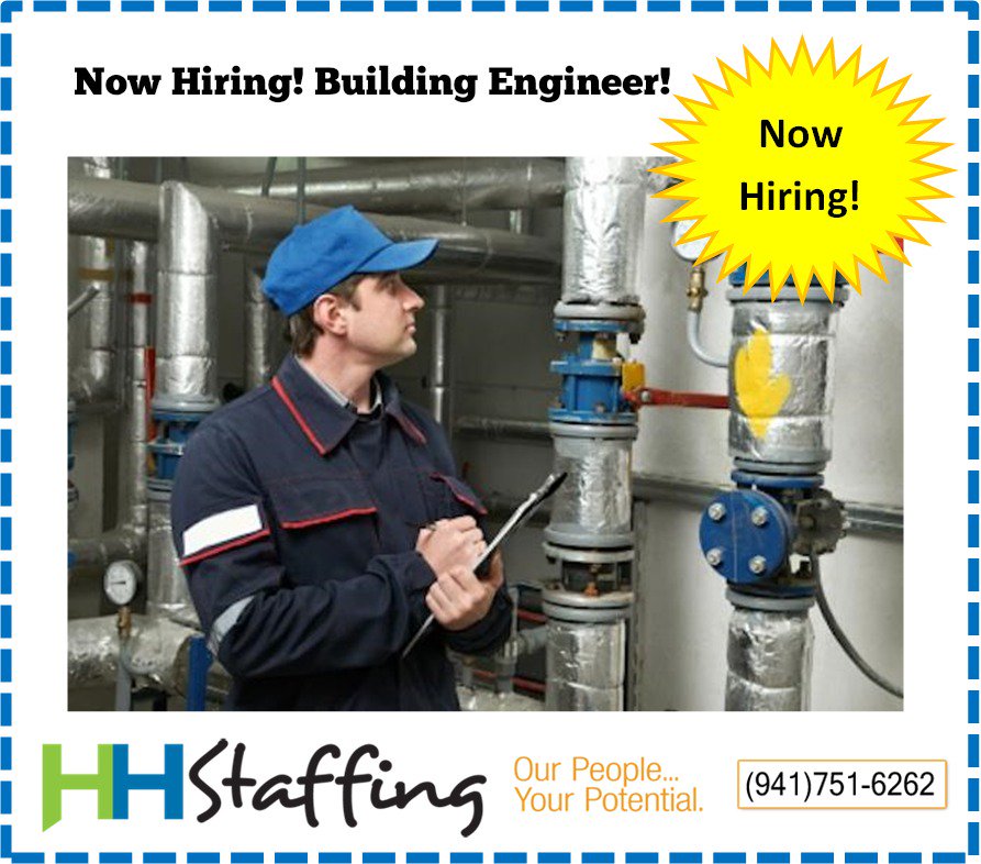 HHStaffing's tweet image. Experienced #BuildingEngineer in #Tampa is needed to perform a wide variety of general #maintenance #repairs relating to an assigned portfolio of properties and overall maintenance of building, utility systems and building equipment.