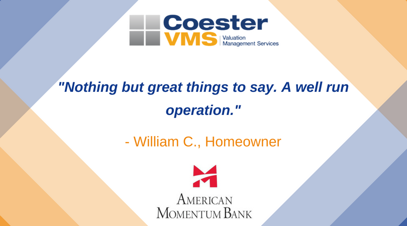 CoesterVMS's tweet photo. Thank you William C. for the positive review! We are happy we were able to assist with your appraisal needs, and look forward to our continued partnership with American Momentum Bank. #ThankYou #CoesterVMS #AmericanMomentumBank #Positivity #Reviews https://t.co/mQRMFQRZtR