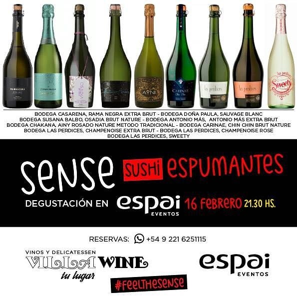 #FeelTheSense
Lo mejor para este Viernes!!! ?🍸🍱🍹🌅🔝
Espumantes y tragos/Sushi y Tacos 
DJ Set Bossa Nova....todo en el mejor entorno!!  Espai Eventos. 
Reserva tu tarjeta en Villa Wine, calle 495 entre 18 y 19 o por wsap al  ±54 9 221 6251115.