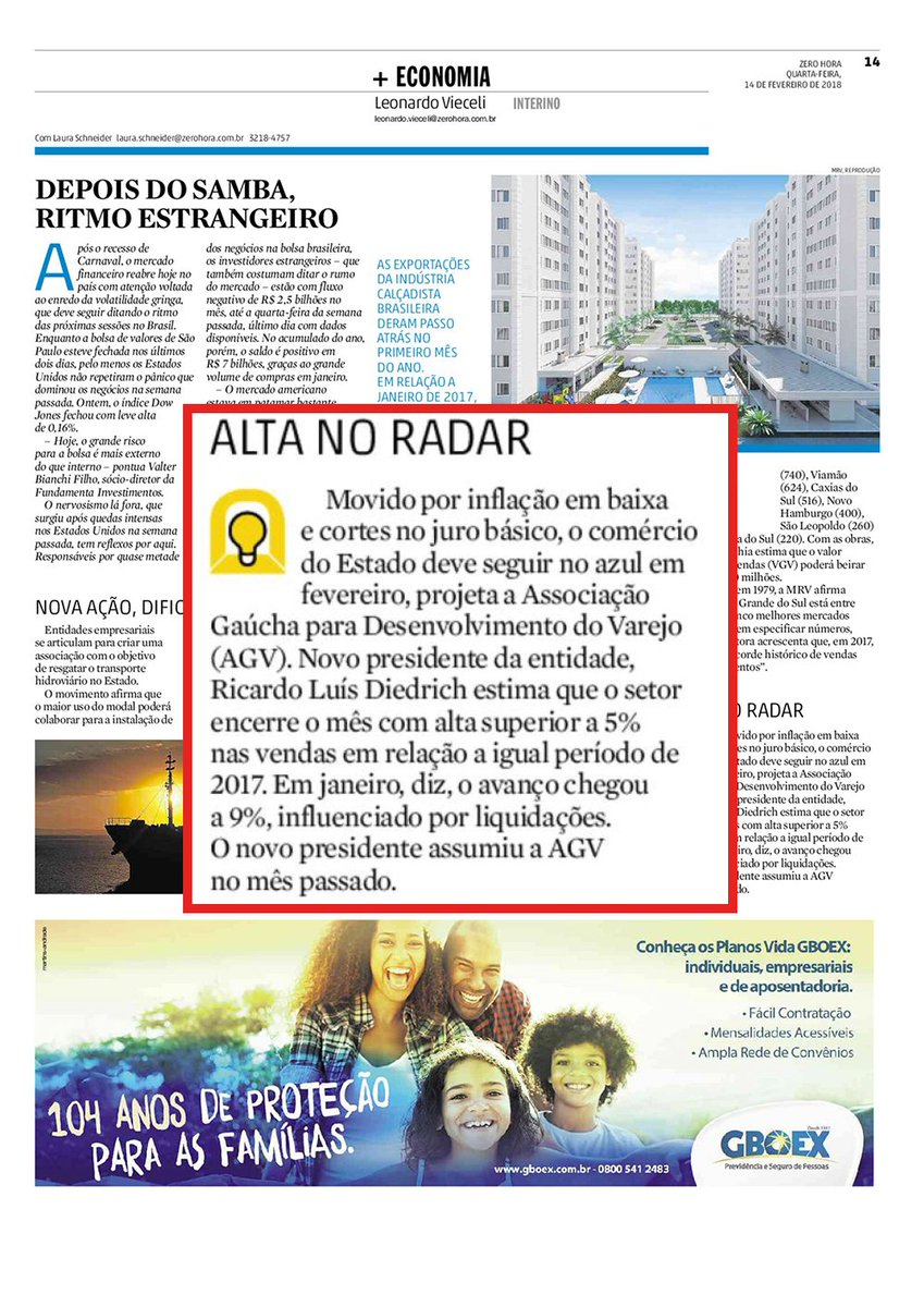 AGVarejo's tweet photo. A AGV foi destaque na Zero Hora. O presidente Ricardo Diedrich ressaltou  o bom momento do varejo gaúcho, que deve ter alta de 5% nas vendas de  fevereiro em relação ao mesmo mês do ano passado. https://t.co/AnTaLsiqaP