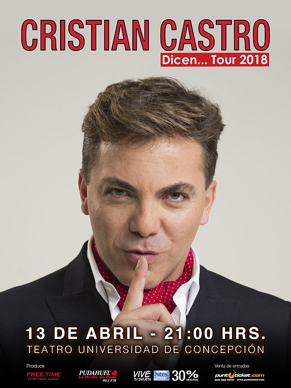 freetimeeventos's tweet photo. Atención! Cristian Castro en formato íntimo, ahora en Teatro Universidad de Concepción! Venta de entradas @puntoticket y tiendas Hites. Descuento exclusivo sólo para este evento en tiendas Hites de Concepción!  https://t.co/QD989ZxoGk https://t.co/OFsYThWNSR