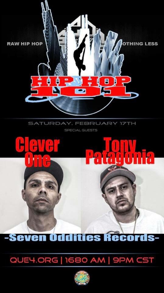 MCCleverOne's tweet photo. This Saturday 2/17! Tune in to https://t.co/0828wvxaXy 1680 AM from 9-11:30pm! @TonyPatagonia7 and I will be discussing our upcoming European tour and all things @7oddz with the Hip Hop 101 crew! Tune in, zone out! https://t.co/7yJef4rPhK