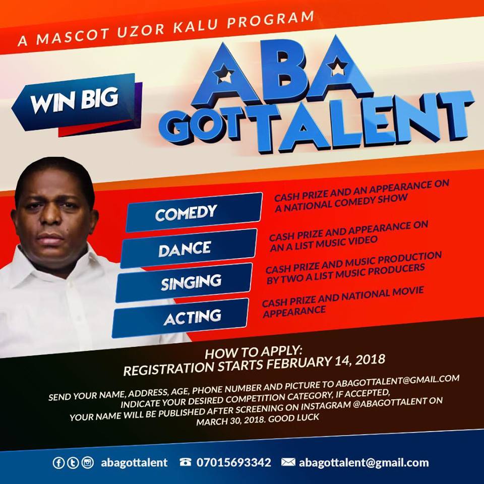 KennethPriceNG's tweet photo. Register for #AbaGotTalent. It starts #today Feb 14th 2018. #Abia #Aba https://t.co/TWXVEVCxhw