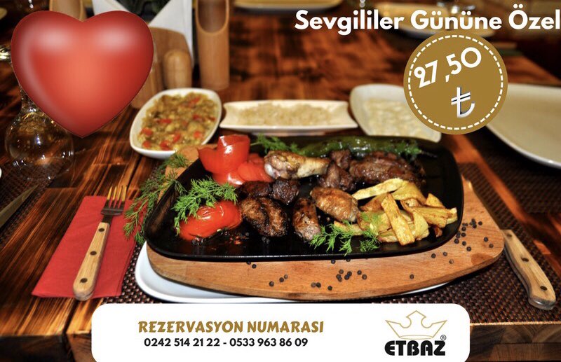 Lezzet denilince akla gelen tek adres ETBAZ!
Etbaz'da yemek yemek ayrıcalıktır.Bu ayrıcalığı sevgililer gününe özel, sevgiliniz ile yaşayın!😉
Not;Fiyatlarımız  rezervasyonlu müşterilerimiz için gecerlidir