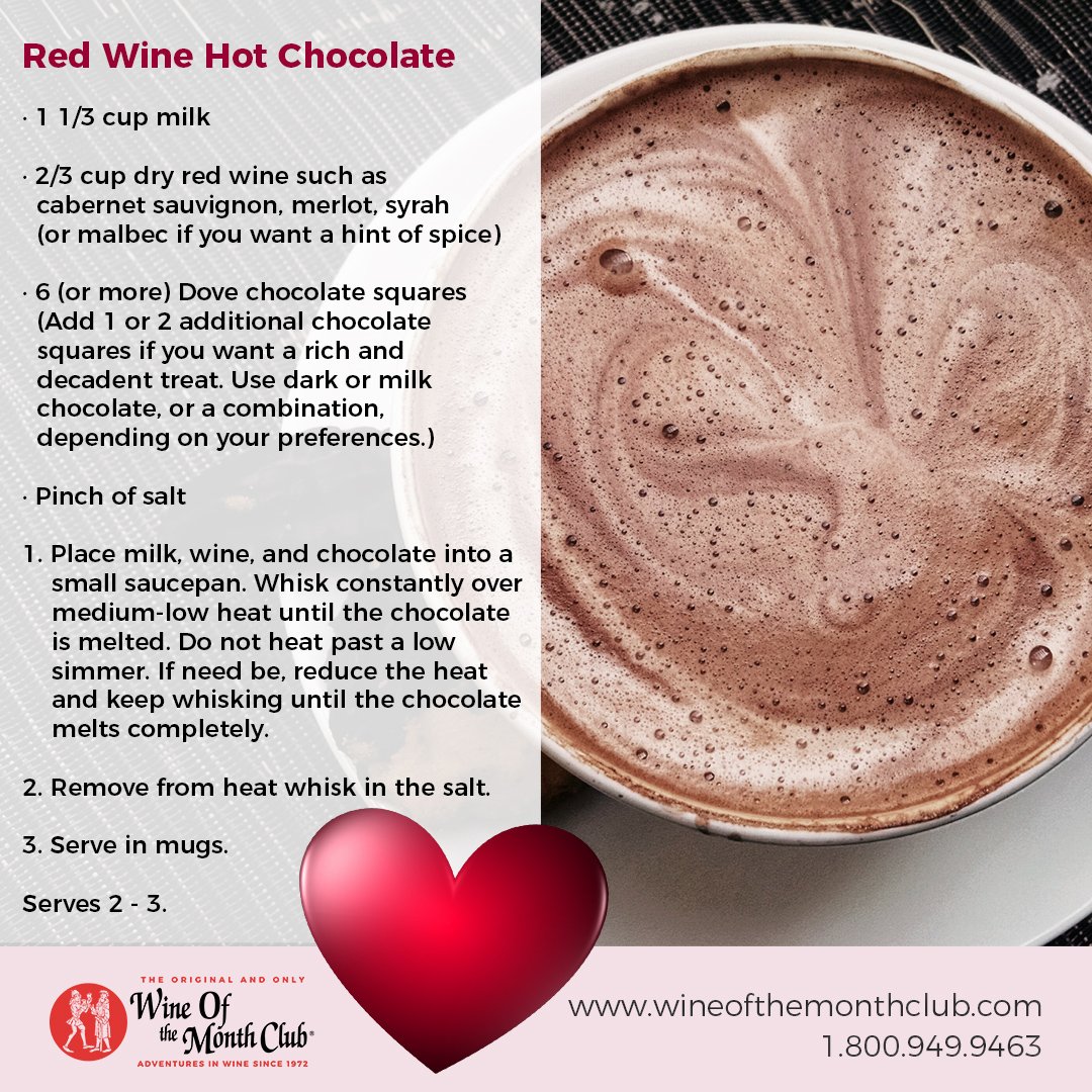 WineoftheMonth's tweet photo. 💕HAPPY VALENTINE'S DAY! Enjoy a Red Wine Hot Chocolate with someone you love. https://t.co/9qrMSC9Mvq #Valentine #ValentinesDay #RedWine #Love #lovewine #winelover #RedWineHotChocolate #winedelivery #deliveredtoyourdoor #wineofthemonthclub https://t.co/easoe4IDQ5