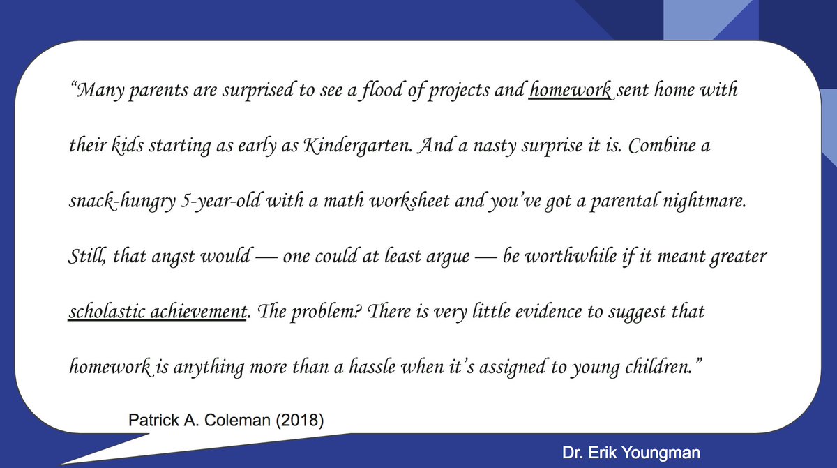 “There is very little #evidence to suggest that #homework is anything more than a #hassle when it’s assigned to #young #children” via Patrick Coleman.

#ssdchat #curricchat #siedchat #Edbeat #Fledchat #Miched