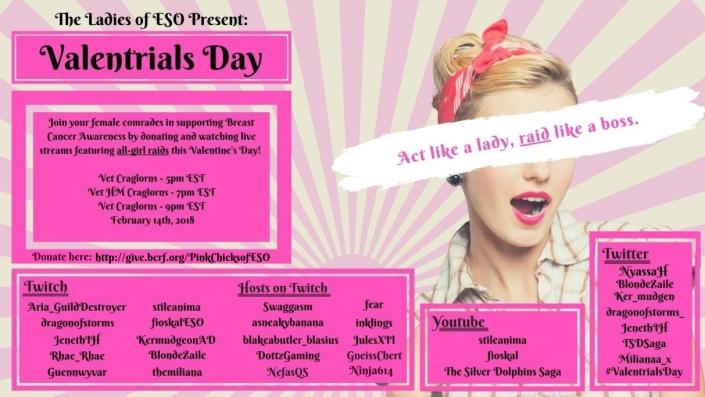 Come see the largest gathering of women gamers in ESO history, tackle trials content for breast cancer research! <a href="/BlondeZaile/">Zaile Atredies</a> @JenethIH <a href="/chicks_of_eso/">Pink Chicks of Eso</a> streaming all evening all trials all night!!!