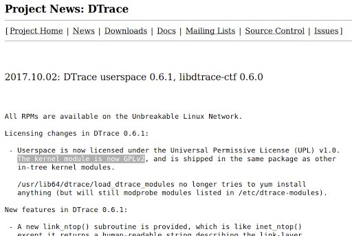 StefanPlank's tweet image. I totally missed the #Dtrace Linux kernel code switched to #GPLv2 last fall(¹). That makes it possible to merge the code into the official #Linux kernel; obviously it remains to be seen if that actually happens. Ohh, and Dtrace… goo.gl/PDWSn5