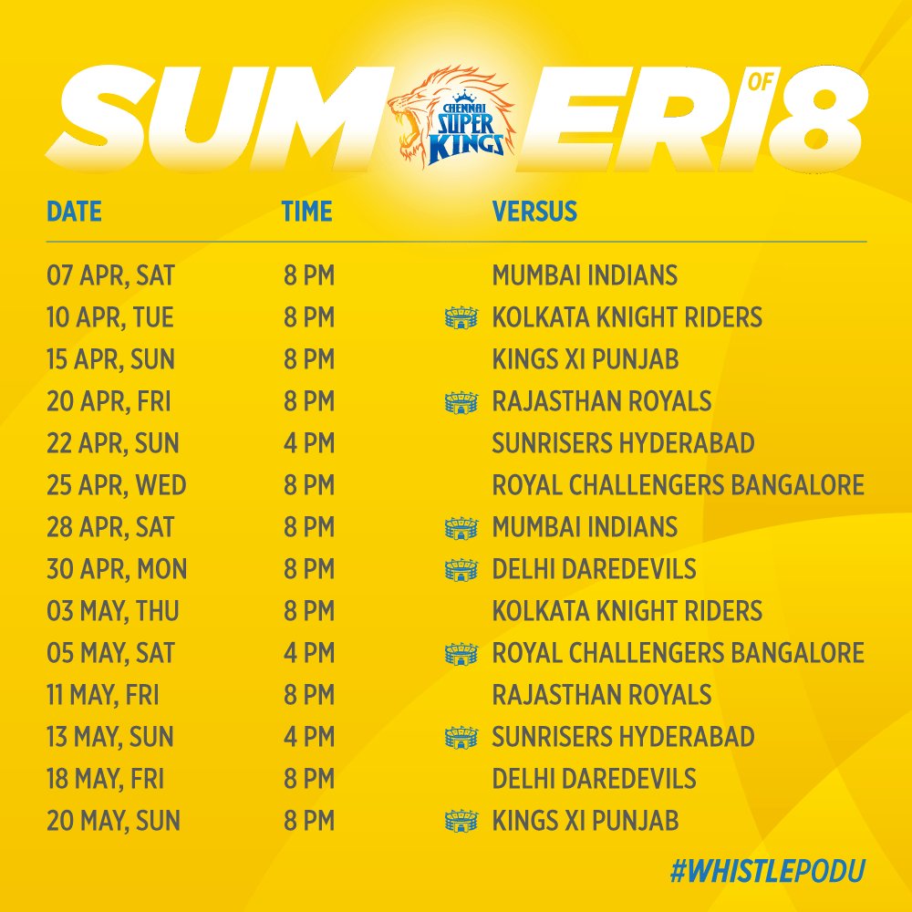 ChennaiIPL's tweet photo. Single or not, here are your dates for the summer! 🦁💛#Yellove #SummerIsComing #WhistlePodu https://t.co/8H5dtZdM5D