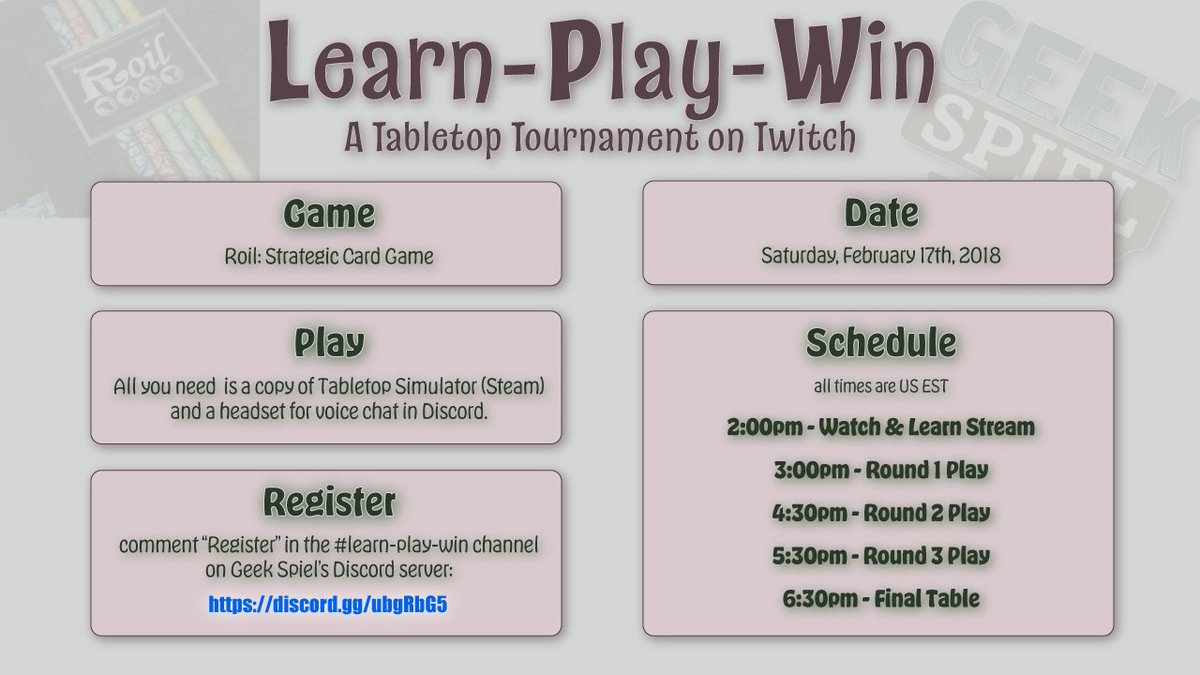 TheGeekSpiel's tweet photo. OK, folks...giving this a go...announcing a #LearnPlayWin tournament this Saturday. The game is @roilcardgame (on KS now!), and ALL are welcome. Just need a copy of @TabletopSim (Steam), and a headset for voice chat on Discord. #boardgames https://t.co/mVZQ3XwfNZ