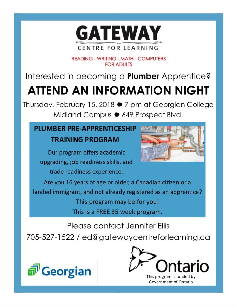 Gateway_Midland's tweet photo. Know someone who might be interested in becoming a #plumbing #apprentice? Information session coming up February 15th at @georgiancollege Pass it on! #trades #jobs #training https://t.co/SVnMCHwhDd