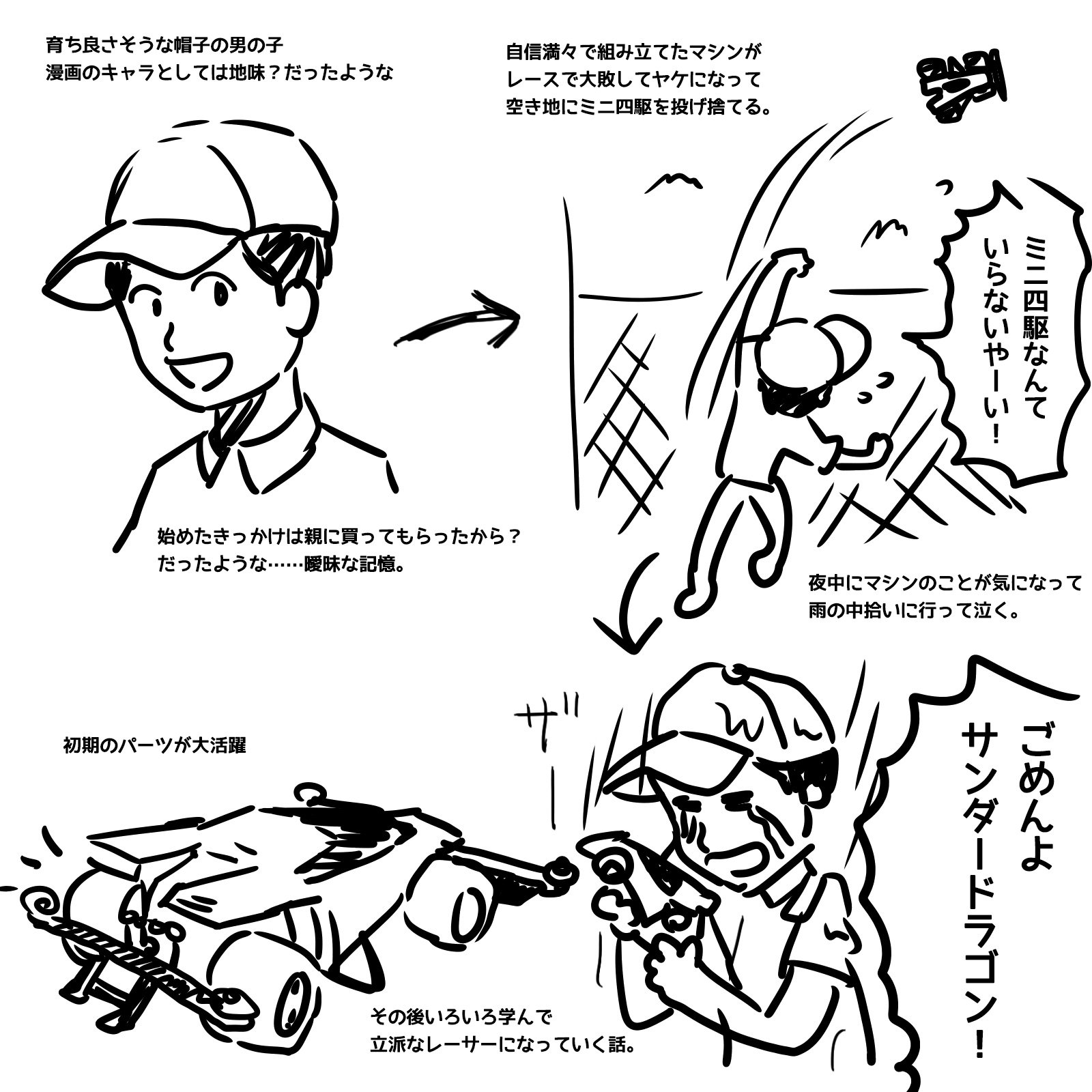 ハラダユーイチ 30年近く前に読んだミニ四駆 漫画でどうしてもタイトルが思い出せないのがある 小学館の学年誌か改造マニュアル系の本に載ってたのかな 帽子被った男の子が主役でマシンはサンダードラゴン 四駆郎とかと違ってg U P使ったリアル世界観