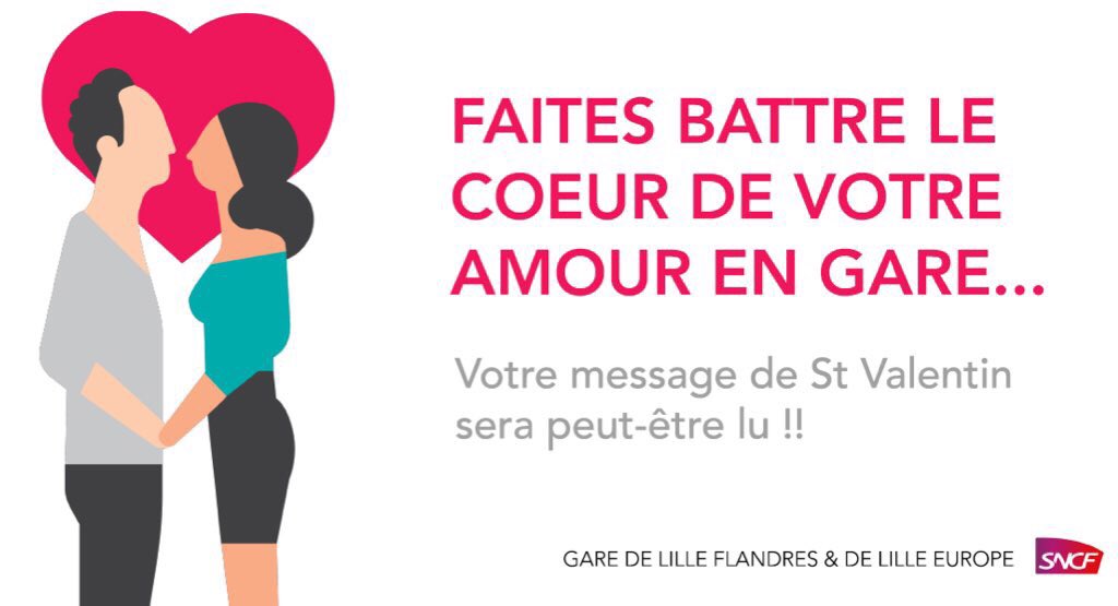 CelineCzermak's tweet photo. «Douze années que Lille Flandres rythme notre vie : passage obligé devenu un plaisir de nous y retrouver chaque jour. Je t'aime.»
Alexis❤️Ludovic #TER #Arras #Amiens
C'est l'un des messages affiché et lu en gares Lille Flandres &amp; Lille Europe. 
#SNCF #TeamSNCF 
#StValentin https://t.co/uUyCI1UPM8