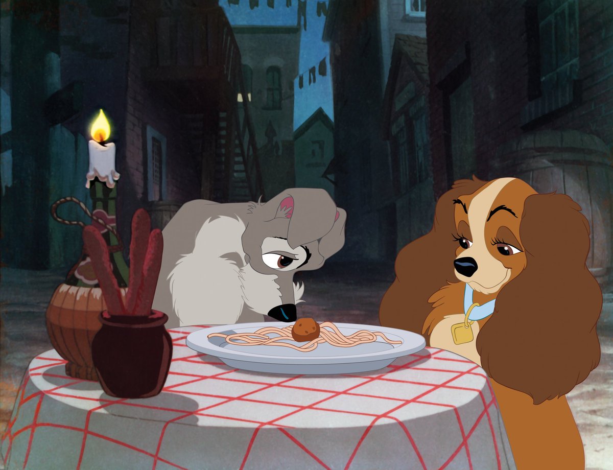dog_rates's tweet photo. Say hello to Lady and The Tramp. They are absolute love legends. Have been setting unrealistic spaghetti date expectations for decades. Both 14/10 #PuppyLove #LadyAndTheTramp #ad https://t.co/J0Ar75qcpX