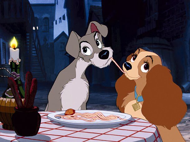 dog_rates's tweet photo. Say hello to Lady and The Tramp. They are absolute love legends. Have been setting unrealistic spaghetti date expectations for decades. Both 14/10 #PuppyLove #LadyAndTheTramp #ad https://t.co/J0Ar75qcpX