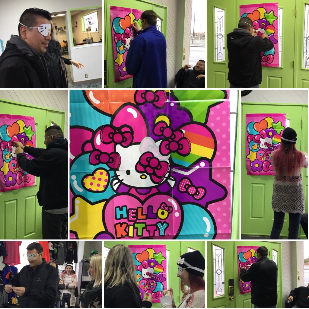 atomicshirtco's tweet photo. Happy Valentine’s Day from the Atomic team. 
Starting the day off with a game of pin the bow on Hellow Kitty. Lol. https://t.co/nxJnOpcjlk