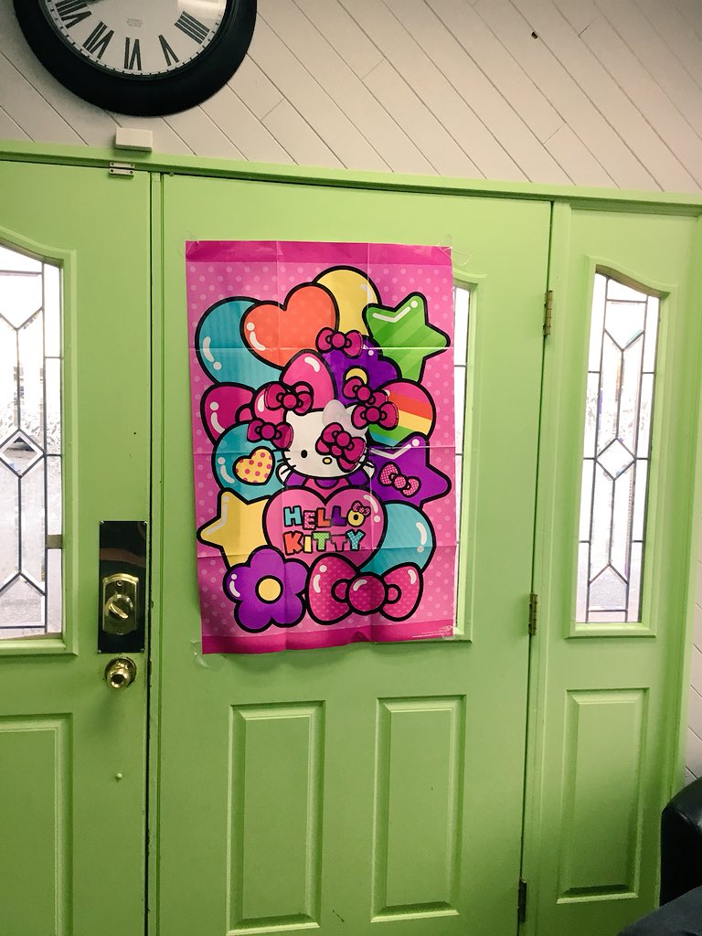 atomicshirtco's tweet photo. Happy Valentine’s Day from the Atomic team. 
Starting the day off with a game of pin the bow on Hellow Kitty. Lol. https://t.co/nxJnOpcjlk