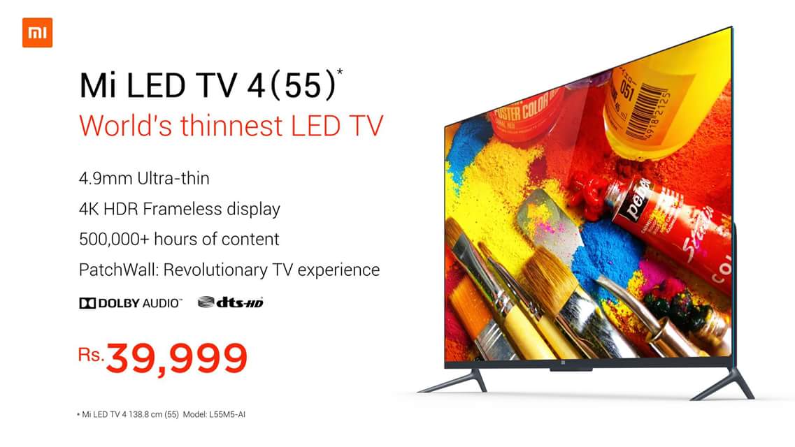leijun's tweet photo. In India, presenting #MiTV4 - World’s thinnest LED TV
- Just 4.9mm thin
- 500,000+ hours of content from multiple content partners
Priced at ₹39,999. https://t.co/uhUMltHUTl