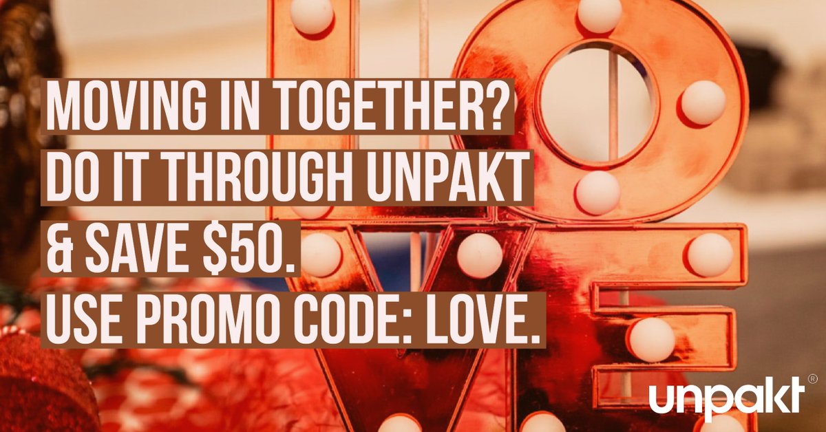 Unpakt's tweet image. Happy Valentine's Day! Use promo code: LOVE to save $50 on your move!  (expires on 2/18/18) #HappyValentinesDay #MovingDeal #PromoCode