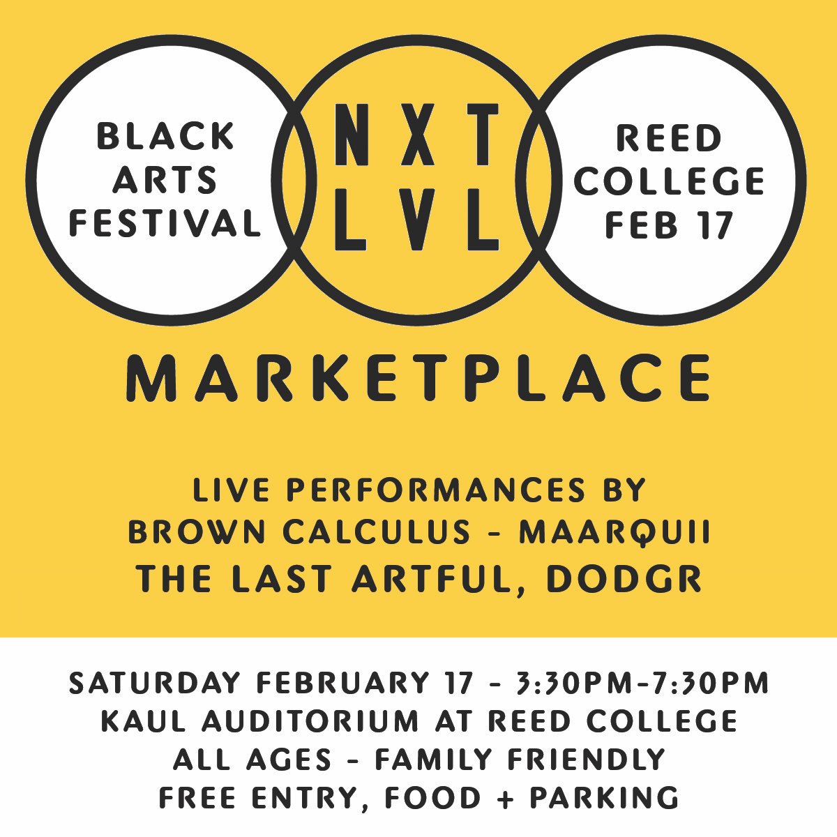 nxtlvlpdx's tweet photo. @TheLastArtful will be headlining at @reedcollege 1st Annual Black Arts Festival THIS SATURDAY 2/17.  FREE ENTRY!  FREE FOOD! FAMILY FRIENDLY! All ages! #reedblackcelebration #reedblackartsfestival2018 #partyingforsocialjustice #nxtlvlpdx #pocmarketplace https://t.co/XUbR0rfpKr