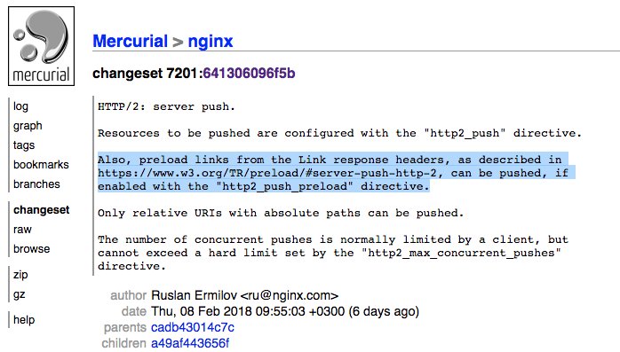 woot, nginx landed support for H2 server push: bit.ly/2EJzSpo - you can also enable Link (rel=preload) header support for initiating push! \o/